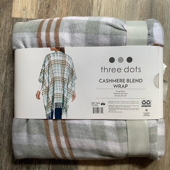 Three Dots Plaid Cashmere Blend Fringe Kimono Wrap in White, Gray, and Brown NWT - Picture 5 of 7